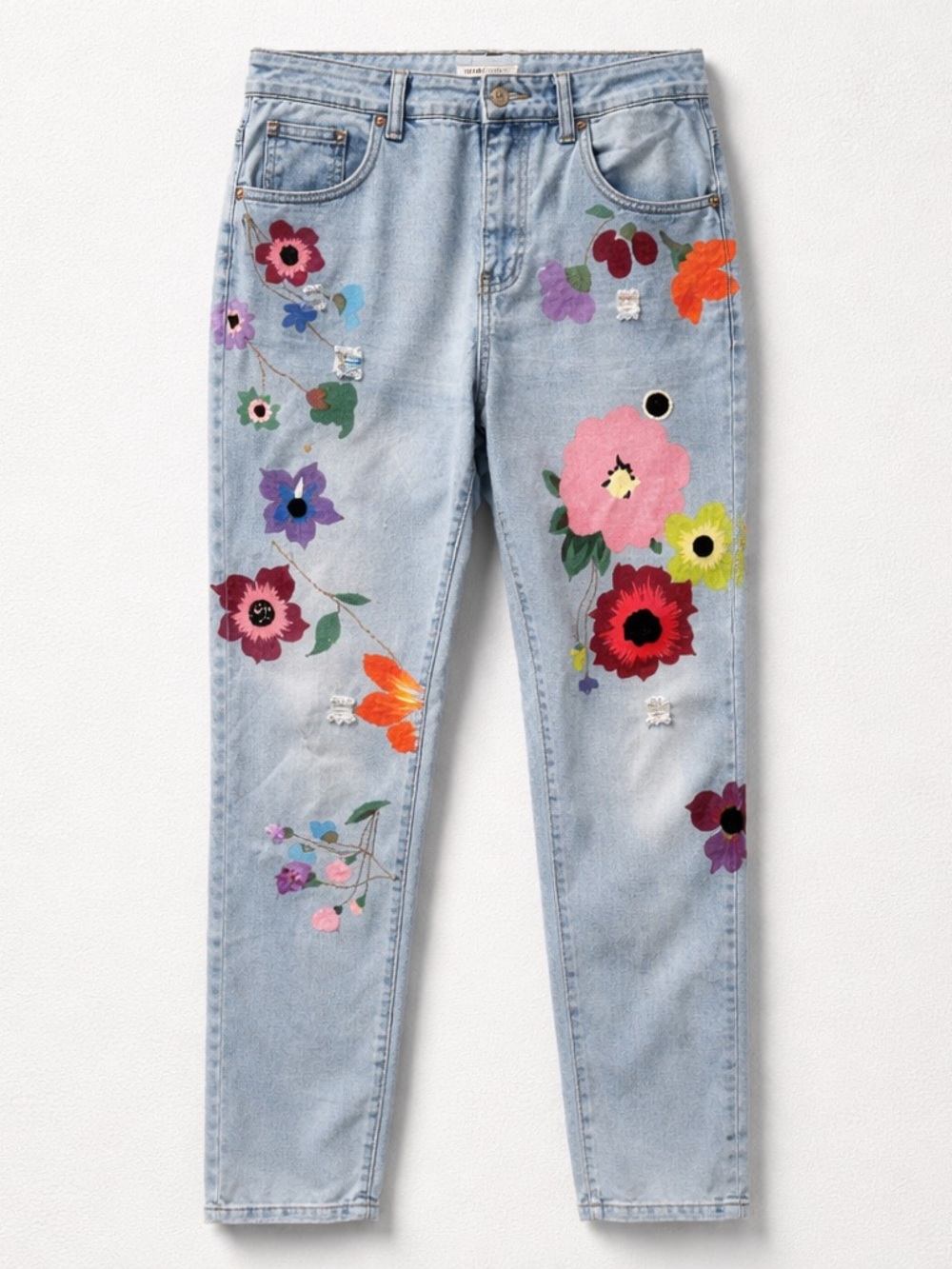 MISSLOOK Light Blue High-Rise Jeans with Multicolor Floral Embroidery